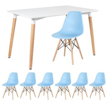 Imagem de Mesa Retangular 80 X 120 Cm Branco + 6 Cadeiras Azul Claro