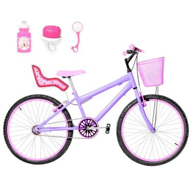 Imagem de Bicicleta Feminina Aro 24 Alumínio Colorido + Kit Passeio E Cadeirinha Cor Lilás E Rosa