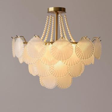 Imagem de Lustre country shell lustre nórdico Escola Nórdica Vidro de Cristal Branco para Tabela de Jantar 4 Biços Pérolas de Camada Luminária Moderna de Lustre Costeiro Scandinavo Gir, sem contas