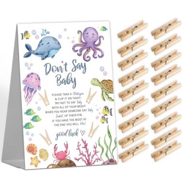 Imagem de Don't Say Baby Game, placa de jogo de chá de bebê (1 placa + 50 mini prendedores de roupa), jogo de chá de bebê oceano sob o mar para decoração de festa revelação de gênero, suprimentos de