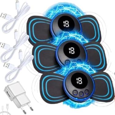 Imagem de Kit com 3 Massageadores Elétricos Portáteis Recarregáveis sem Fio USB para Dor Muscular, Pescoço, Pernas, Coluna, Lombar, Cervical, Pulso, Estimulador EMS, Fisioterapia, TENS, Alívio de Dor, Tensão Muscular, Crossfit e Relaxamento Corporal + adaptador.