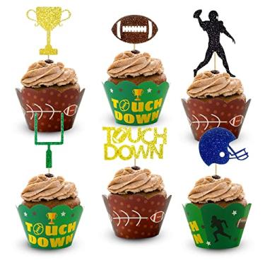Imagem de BANBALLON 48Pcs Kits De Toppers De Cupcake De Futebol Com Forros De Cupcake E Escolhas De Topper De Bolo De Bola De Rúgbi Para Homens E Meninos, Dia De Jogo, Esportes, Tema De Feliz Aniversário, Lem