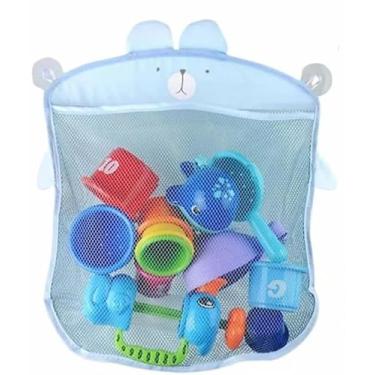 Imagem de Organizador de Brinquedos para Banheiro, Saco Organizador Banho, com Ventosas, Infantil Design de Urso Rede de Malha para Armazenamento (Azul)