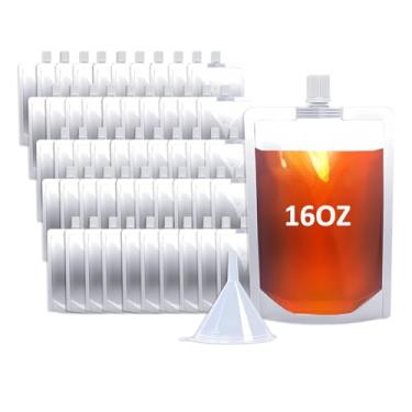 Imagem de Cloudslucky Sacos de bebida de 473 ml, 50 peças, frasco de plástico reutilizável com funil para beber suco líquido, sacos de bebida em pé para viagem, acampamento, eventos esportivos ao ar livre