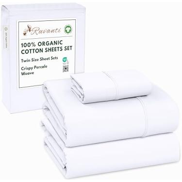 Imagem de RUVANTI Lençóis 100% Algodão Orgânico, Tamanho Solteiro, Trama Percal, Certificação Gots, Conjunto De 3 Peças, Bolso Profundo 15", Fresco E Respirável, Roupa Cama Macia Durável, Sábanas Algodón Orgá