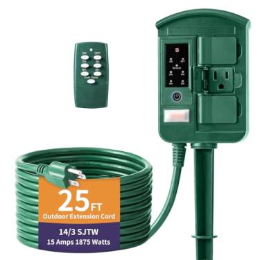 Imagem de QITIM Temporizador De Estaca Elétrica Para Áreas Externas À Prova D'Água, Controle Remoto Sem Fio 30 Metros, Sensor Luz Do Anoitecer Ao Amanhecer, Régua Com 6 Tomadas, 1875 W/15 A, Cabo Extensão 7,6