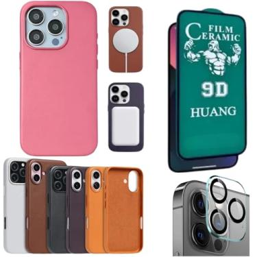 Imagem de [GL CASES] Capa iPhone 15 Couro Compatível Com Carregamento Por Indução Magsafe Capinha iPhone 15 6.1 Polegadas + Pelicula iPhone 15 Cerâmica + Pelicula De Câmera (Rosa)