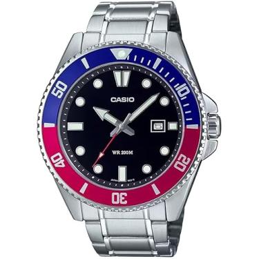 Imagem de Casio Relógio masculino estilo mergulho clássico, 200 M WR, coroa rosqueada e parte traseira da caixa, série MDV106, Azul/vermelho/prata, Pulseira de aço inoxidável