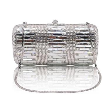 Imagem de Bolsa clutch de cristal para noite sólida com strass para festa de casamento feminina diamante coquetel redondo bolsa de mão, Prata
