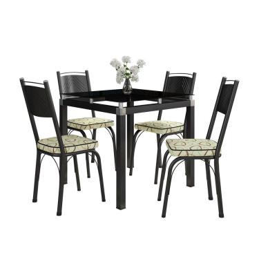 Imagem de Conjunto De Mesa Tubular Malva Com 4 Cadeiras 151 Tampo De Vidro 75cm Preto Assento Cedro Artefamol