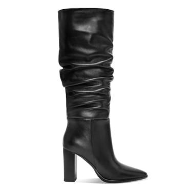 Imagem de Erocalli Botas de cano alto femininas cano alto grosso salto alto despojado bico fino zíper lateral longo, 1 PU preto, 37