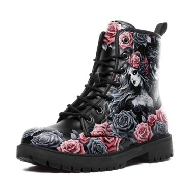 Imagem de Botas femininas de combate no tornozelo, botas curtas modernas com estampa de coração, rosa e caveira, botas de trabalho duráveis com cadarço, presente para seu amante, Preto, rosa, 11.5 Women/10 Men