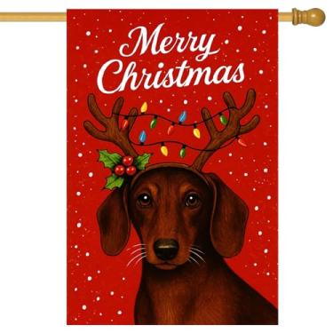 Imagem de BlissYard Merry Christmas Garden Flag Dachshund Dog Renas Chifres Luzes de Natal 71 x 101 cm Banners de quintal grande dupla face para amantes de cães varanda casa ao ar livre férias inverno decoração
