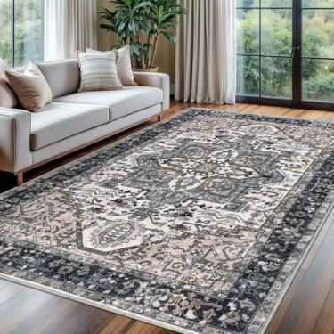 Imagem de KOZYFLY Boho Tapete de área 1,8 x 2,5 m, fino, lavável para quarto e sala de estar, tapete de lã sintética, tapete antiderrapante para entrada, cozinha, sala de jantar, preto/acinzentado/bege