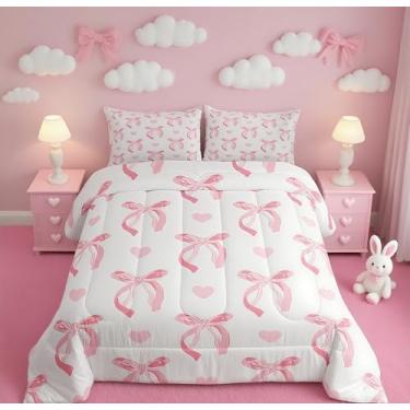 Imagem de jejeloiu Jogo de cama casal com laço rosa fofo, conjunto de edredom com laço de fita para crianças e mulheres, conjunto de edredom com desenho animado de coração rosa e branco, 3 peças