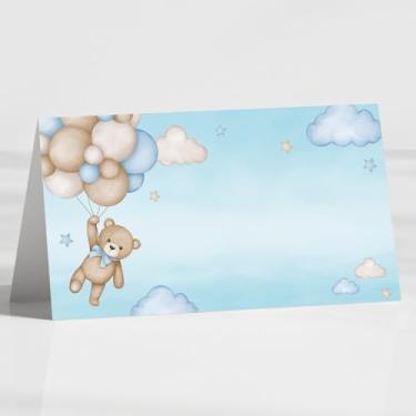 Imagem de Pacote com 120 cartões de chá de bebê de urso azul, 8,9 cm x 5 cm, dobráveis We Can Bearly Wait Baby Tent, etiquetas de alimentos para chá de bebê de urso, festas de aniversário e recepção