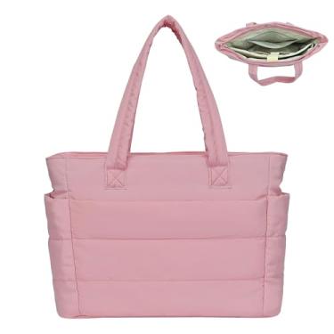 Imagem de Bolsa feminina acolchoada grande para laptop com zíper para viagens, academia, uso diário, rosa, One Size