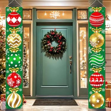 Imagem de 2 peças de decoração de bandeira de alpendre de Natal ouro verde bolas de enfeite de feliz Natal para pendurar na porta da varanda suprimentos para uso ao ar livre decoração de natal ano novo banners