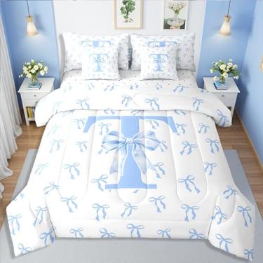 Imagem de Erosebridal Conjunto de edredom infantil com laço e laço de 7 peças, monograma coquete, moderno, arco e princesa, conjunto de cama casal para crianças, meninas, adolescentes, simples, laço azul