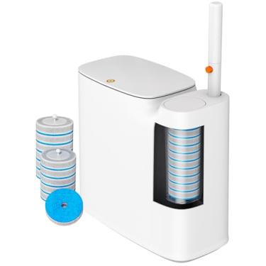 Imagem de CTIME Conjunto de lixeira de banheiro, lata de lixo branca de 2 galões com tampa, escova descartável, suporte de armazenamento e 12 recargas, lata de lixo fina para banheiro, trailer