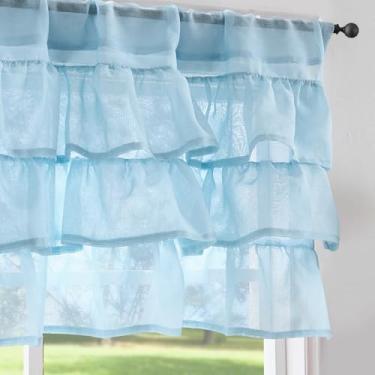 Imagem de jinchan Cortina de saia azul com babados para janela, saia rústica gasta de cozinha para sala de estar, quarto, 45,7 cm, voile semitransparente, janela pequena, 1 painel