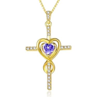 Imagem de CupidGift Colar de cruz para mulheres, banhado a ouro 14 K, pingente de pedra do mês de nascimento, pingente infinito de coração, joias religiosas, batismo cristão, fé, presentes de aniversário para