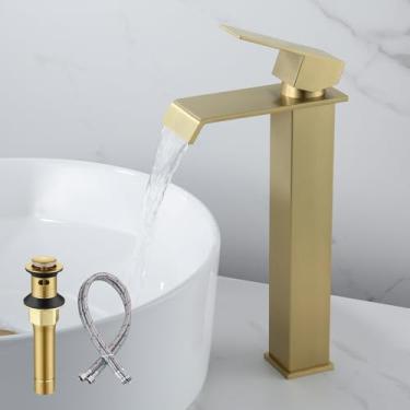 Imagem de BORLON Torneira De Pia Ouro Escovado, Alta Em Cascata Com Alça Única Para Banheiro, Moderna, Cuba Um Furo, Sus304, Aprovada Pela Cec