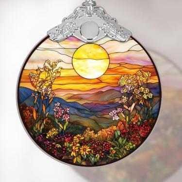 Imagem de Enfeite de árvore de Natal, decoração de pendurar estilo vitral e apanhador solar de janela de acrílico, design de montanhas do pôr do sol e flores silvestres, para amigos da família
