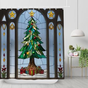 Imagem de ZJRBJB Cortina de chuveiro de Natal para banheiro, vintage, verde, árvore de Natal, cortinas de tecido impermeável, para crianças, adultos, banheira, decoração de casa, 183 x 183 cm com 12 ganchos