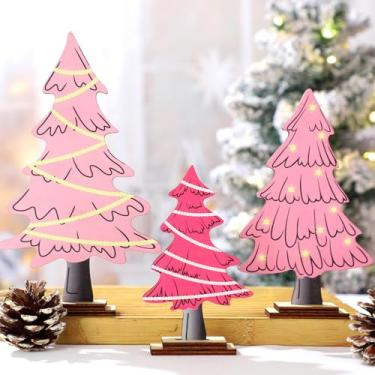 Imagem de Yalikop 3 peças de placa de árvore de Natal rosa neutra decorações de mesa de Natal de madeira rústica, centro de mesa, bandeja de inverno em camadas, decoração para casa, escritório, cornija, lareira