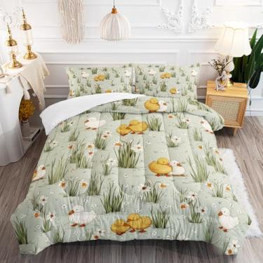Imagem de AILONEN Conjunto de edredom kawaii, tamanho Queen, verde grama, patos amarelos e brancos, 1 colcha e 2 fronhas, 3 peças