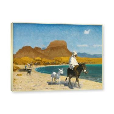 Imagem de NHLDZYH Moldura de champanhe. Pinturas a óleo famosas, (Akaba Gulf) por Jean Leon Gerome, reprodução impressa em tela, arte de cenário para decoração de sala de estar. 40 x 50 cm - 15,8 x 19,7 pol