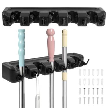 Imagem de 2 peças de suporte de vassoura montado na parede com ganchos, suporte de esfregão de plástico antiderrapante, organizador de esfregão para casa, cozinha, banheiro, garagem