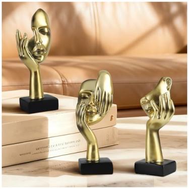 Imagem de Modern Living Room Decoration - Gold Abstract Sculpture Decor For Shelves, Thinker Statues Set Of 3, Resin Face Knick Knacks Home Decor For Office Bookshelf, Shelf Side, Table, Gift For Friends