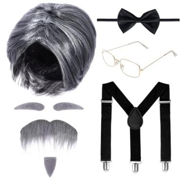 Imagem de Gvhntk Fantasia De Velho Com 7 Peças, 100º Dia Aula, Acessórios Halloween Para Avô, Peruca Cinza Falsa, Sobrancelhas, Bigode, Óculos, Suspensório, Gravata Borboleta Homens E Crianças, Cosplay Mentir