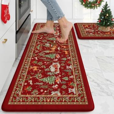 Imagem de Sungea Tapetes de cozinha de Natal antifadiga – Tapete de cozinha almofadado com rena, trenó de fazenda, tapetes de cozinha antiderrapantes, conjuntos de 2, tapetes de pia de decoração de Natal para
