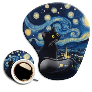Imagem de Mouse pad ergonômico com suporte de pulso, mouse pad com descanso de pulso e conjunto de porta-copos material de escritório tapete de mouse antiderrapante para mesa, antiderrapante, confortável, gato