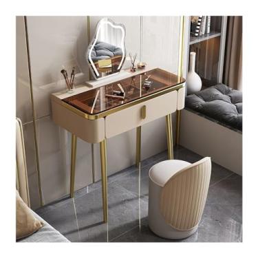 Imagem de Escrivaninha de penteadeira Vaidade de maquiagem com tampo vidro glam Mesa espelho e cadeira vaidade pernas mesa metal(Champagne,Pequeno)