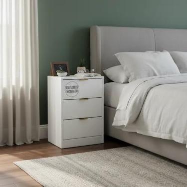 Imagem de Mesa De Cabeceira Branca 50cm com 3 Gavetas Para Quarto Lateral de Cama e Escritório Gaveteiro Organizador Já Montado (Sem Rodinhas, Puxador Dourado)