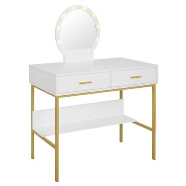 Imagem de Escrivaninha de penteadeira Penteadeira branca para maquiagem, 2 gavetas, penteadeira com espelho, organizador de, prateleira armazenamento para quarto