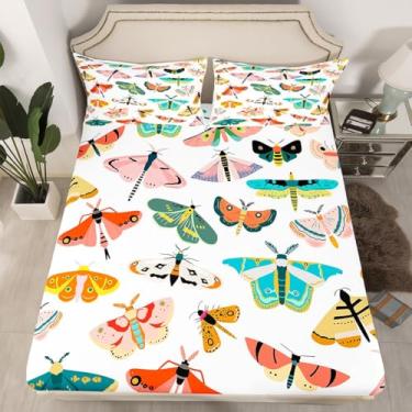 Imagem de Jogo de lençol solteiro colorido de mariposa, estilo boêmio, 2 peças, para decoração de quarto de crianças, meninas, mulheres e adultos, lençol com elástico alto, hippie, 1 fronha