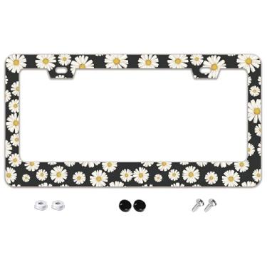 Imagem de Linda moldura de placa de carro de margarida floral aço inoxidável metal acessórios decoração com parafusos 2 furos moldura para placa de carro 16 cm x 31 cm para presente para mulheres e homens