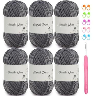 Imagem de SIMEIQI Pacote com 6 fios de chenille de 50 g para crochê, fio de veludo macio e fofo de 60 metros, crochê ideal para cobertores de bebê faça você mesmo, brinquedos, cachecóis, almofadas, chapéus