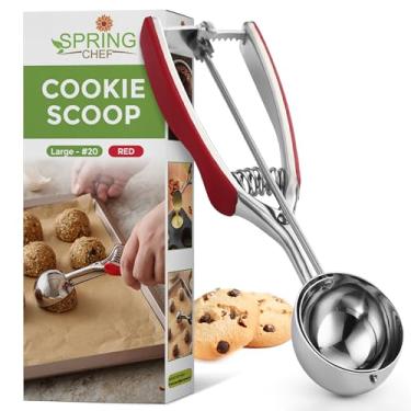 Imagem de Spring Chef Colher de biscoito, prato premium de aço inoxidável 18/8 com pega macia, acionado por mola com liberação de gatilho para massa de biscoitos, melão, sorvete, assar – Tamanho grande nº 20, vermelho