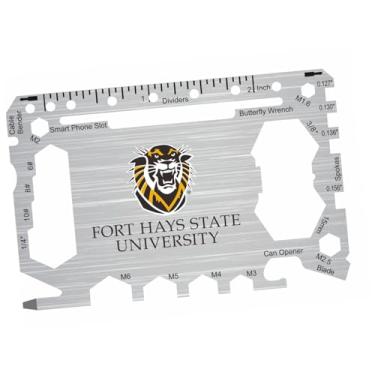 Imagem de Cartão multiferramentas de bolso 46 em 1 da Fort Hays State University com régua em polegadas – Ferramenta de carteira EDC de sobrevivência com chaves de fenda, chaves, abridor de garrafa e lata