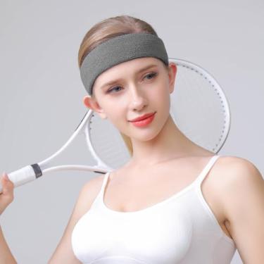 Imagem de Faixa de cabeça esportiva para homens e mulheres – Faixa de suor atlética de algodão felpudo para tênis, basquete, corrida, academia, malhar (cinza)