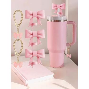 Imagem de Conjunto de 5 peças compatíveis com acessórios Stanley Cup, 3 topos de canudo de arco compatíveis com capa Stanley de 9 a 10 mm, 2 pingentes de arco fofos para copo com alça (rosa)