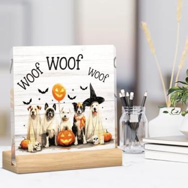 Imagem de Linda decoração de cachorro Halloween presentes de Halloween para dono de cachorro Woof placa de decoração de mesa de acrílico para casa de fazenda, banheiro, cozinha, quarto, escritório