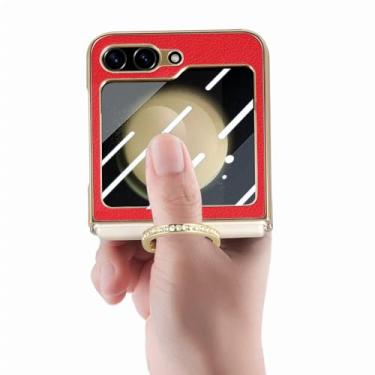 Imagem de Capa de couro com suporte de anel brilhante para Samsung Galaxy Z Flip 5 Flip5 Flip4 Flip 4 5G Melhor capa de filme de vidro de proteção, vermelha, para Samsung Z Flip 5