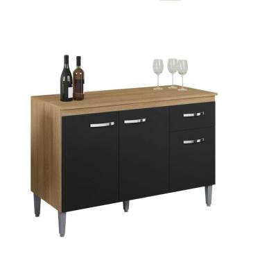 Imagem de Balcão De Cozinha 120cm Gabriela 3 Portas 1 Gaveta Com Tampo Amêndoa/Preto